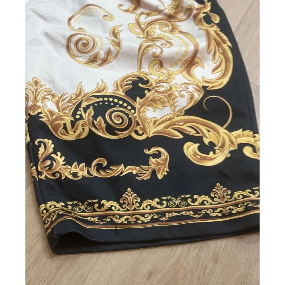 Baroque Print Shorts Men's XL Black Gold White Scroll Waistband Drawstring